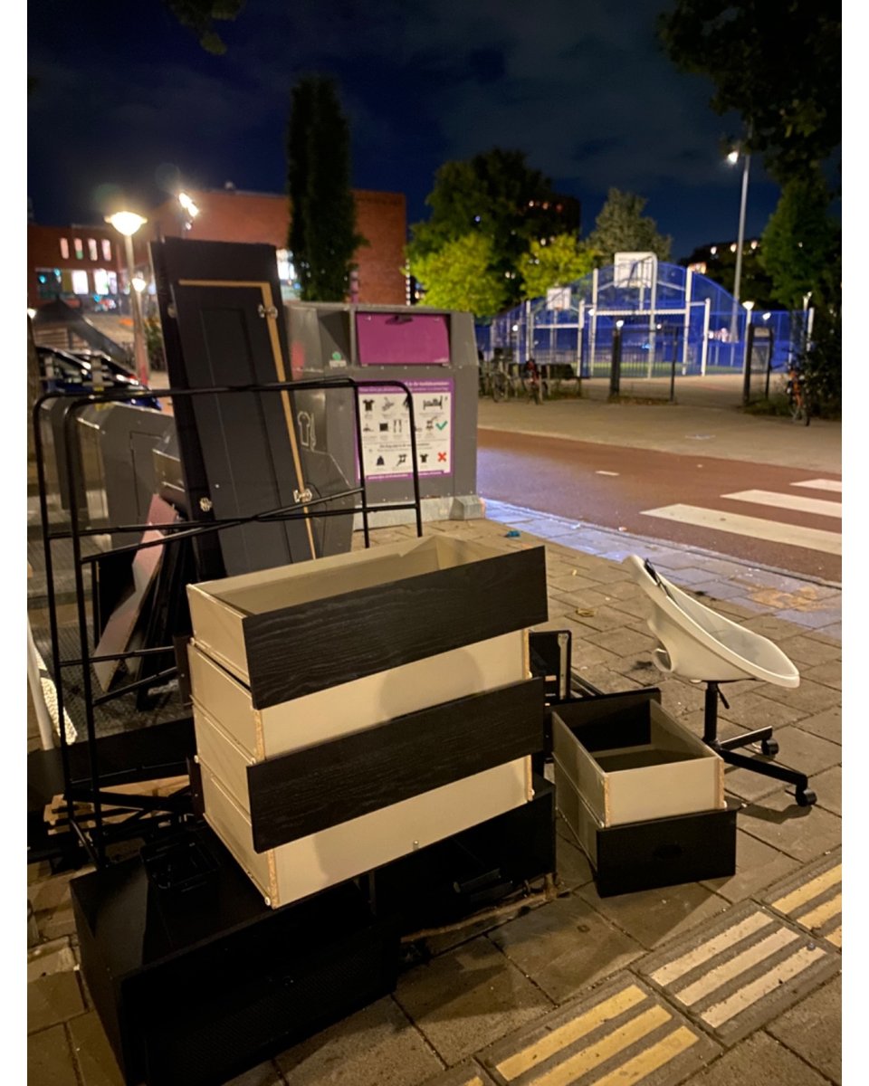 White swivel, chair, hanging mirror pair, black dresser (disassembled), black bookshelf (disassembled), black tv stand (disassembled), wood laminate table, black standing closet (disassembled)