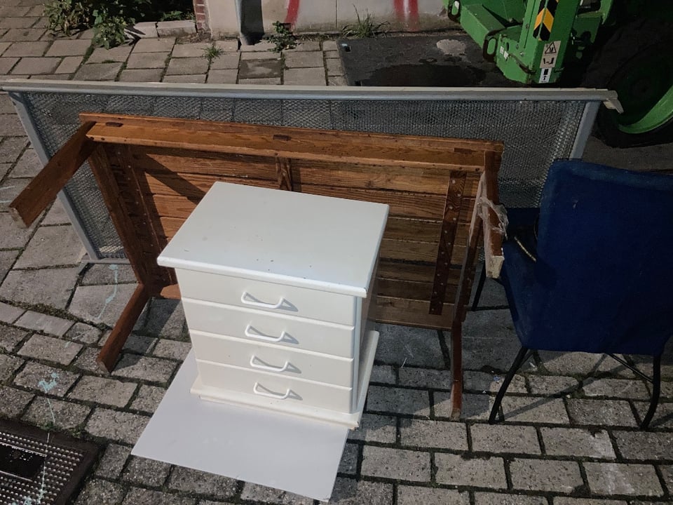 Chair, bed and coffee table. Will be picked up by the garbage truck tomorrow (Wednesday) morning