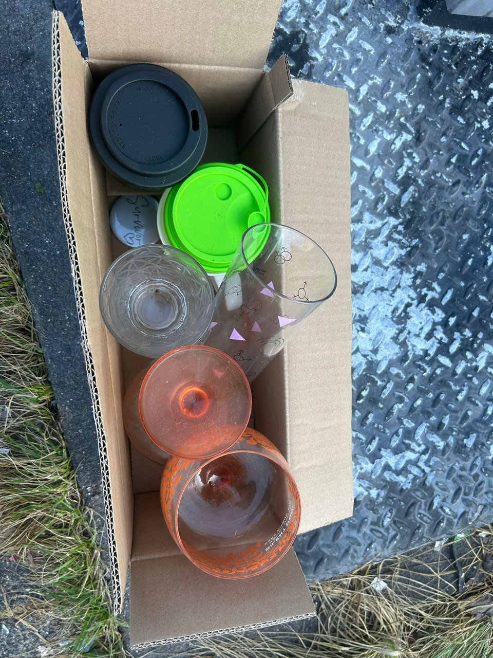 Assorted glasses (gin goblets, tumblers, travel coffee cups)