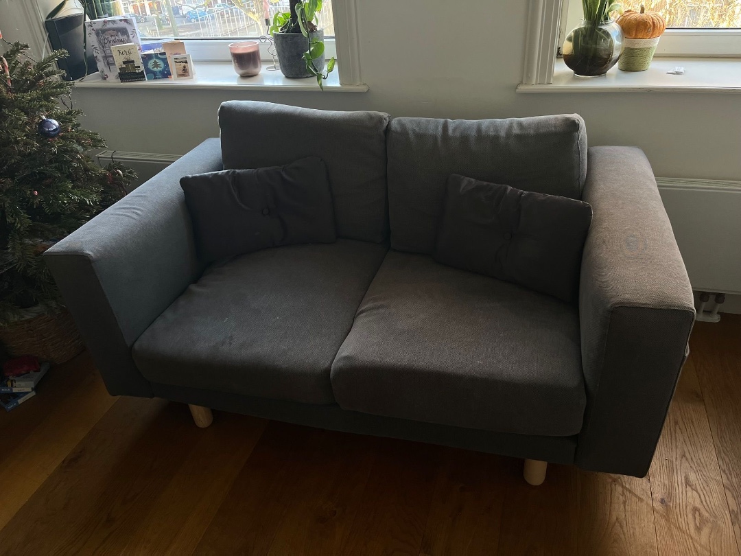 Sits two. Legs can be taken off for easier moving. Can be picked up from our place (we do live on the second floor so you need to move it through the staircase)
