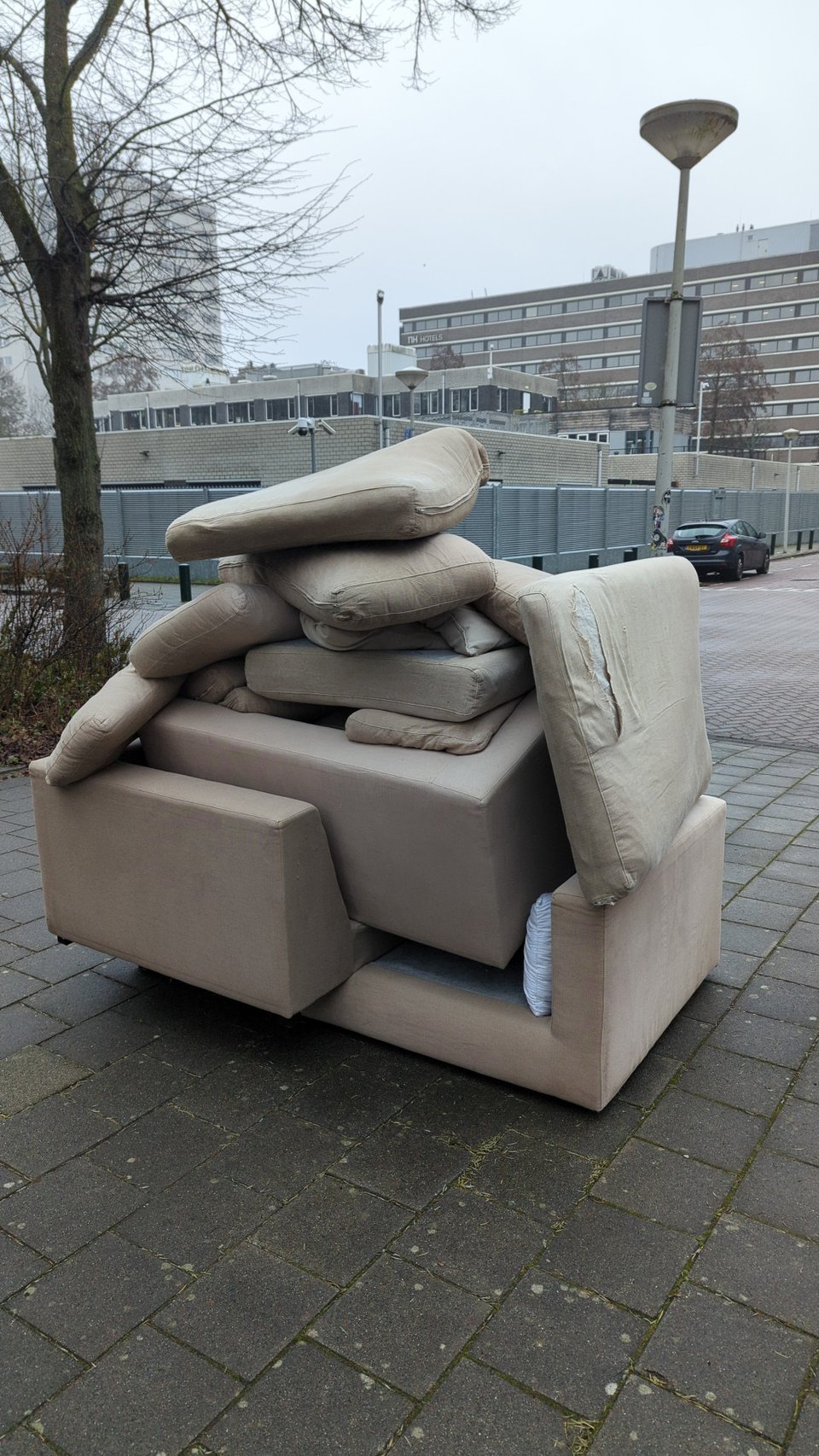 Large L couch, needs reupholstering but is super comfy (my friend is moving out)