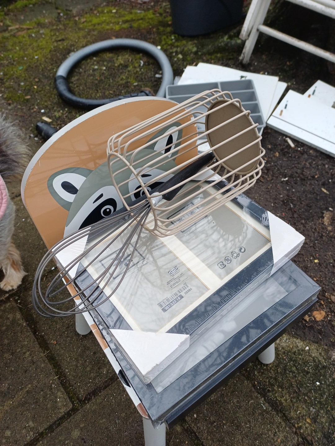 Child's chair, 3 IKEA picture frames, whisk and utensil holder