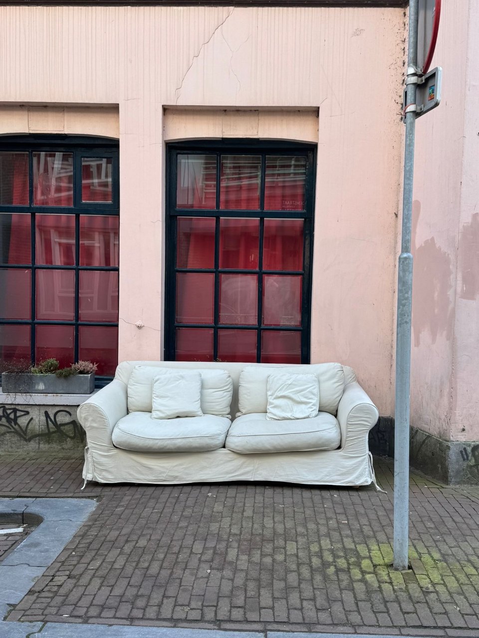 Couch with wear and tear but loved and comfy!  230 lang, 98 diep, 83 hoog
