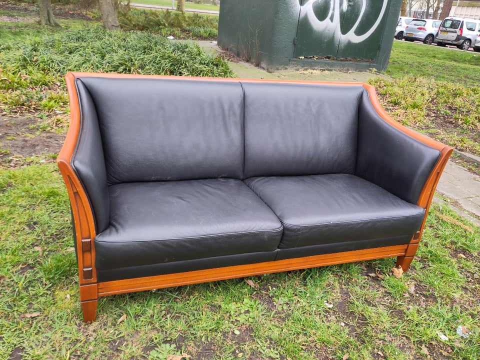 Leather and wood couch