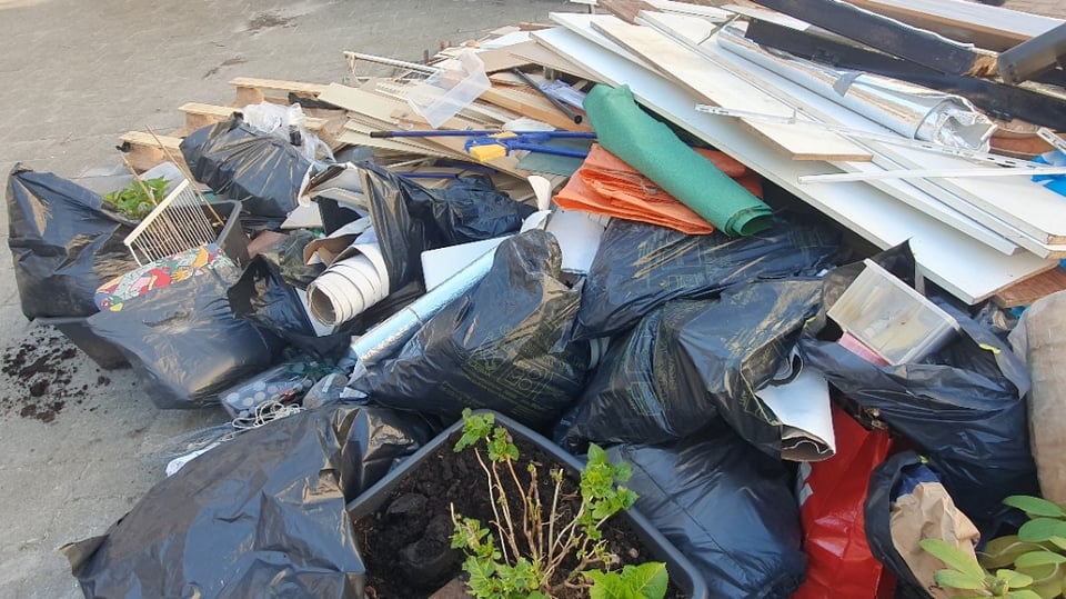 wood, plants and pots, statue, paint stuff, statue, small garden table and more