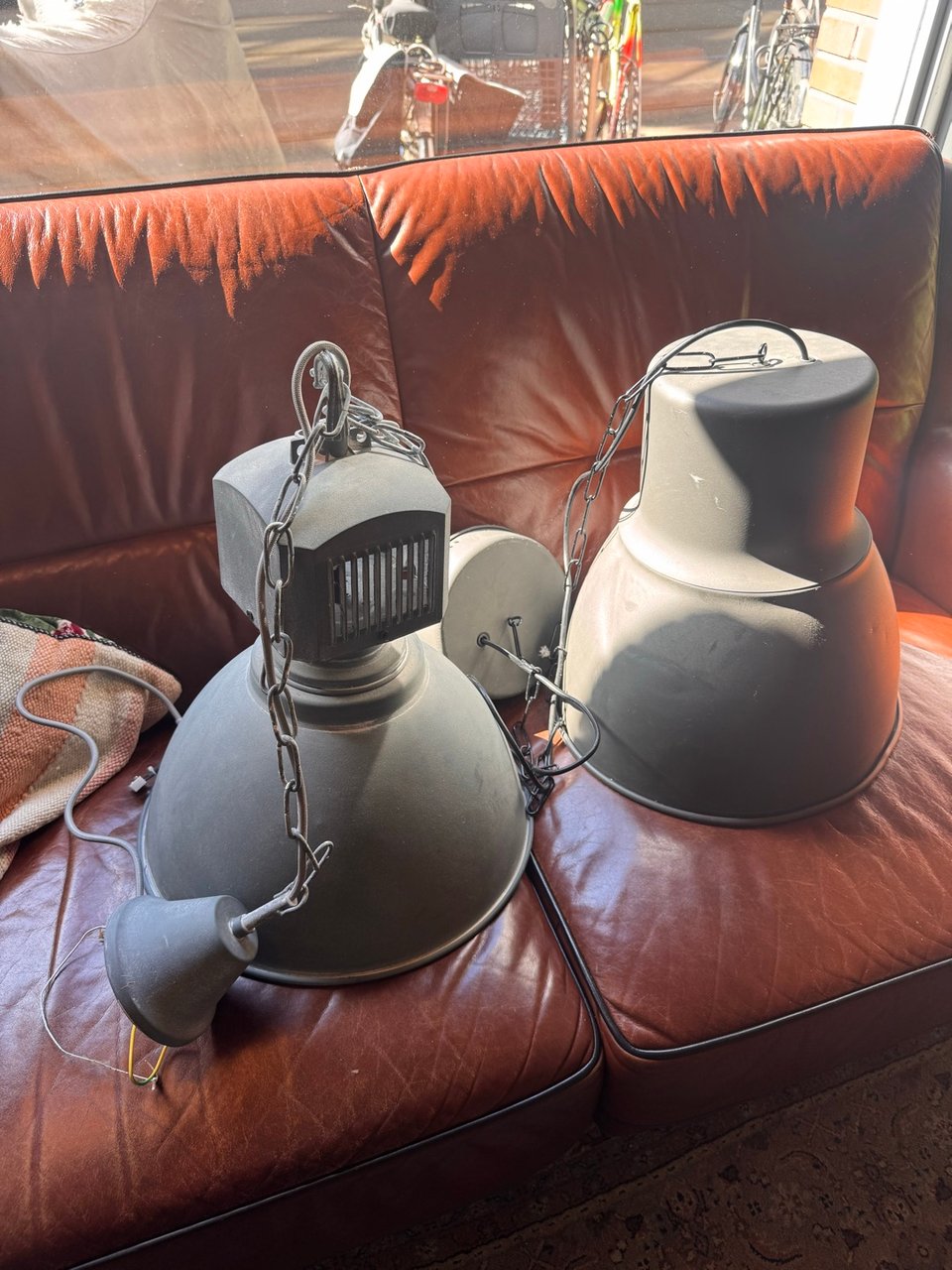 Industrial style hanging lamps, two pieces available from the shop  at 52A Van der Hoopstraat, between 11:00 and 16:00 Tue-Sun
Please do not DM me. first come first served