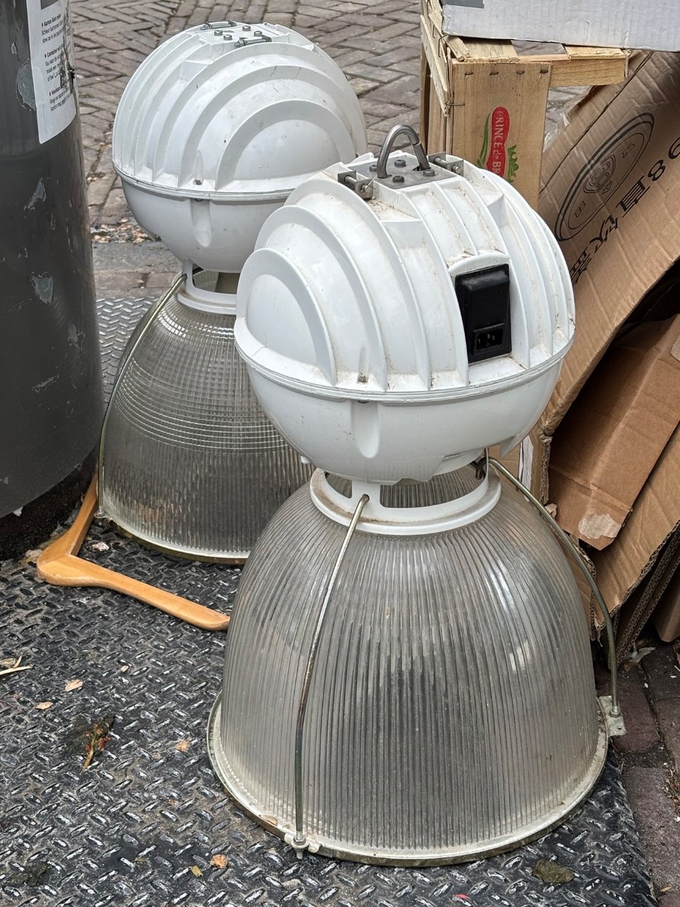 2x massively heavy industrial hanging lamps. Brand - holophane. Real glass enclosures etc