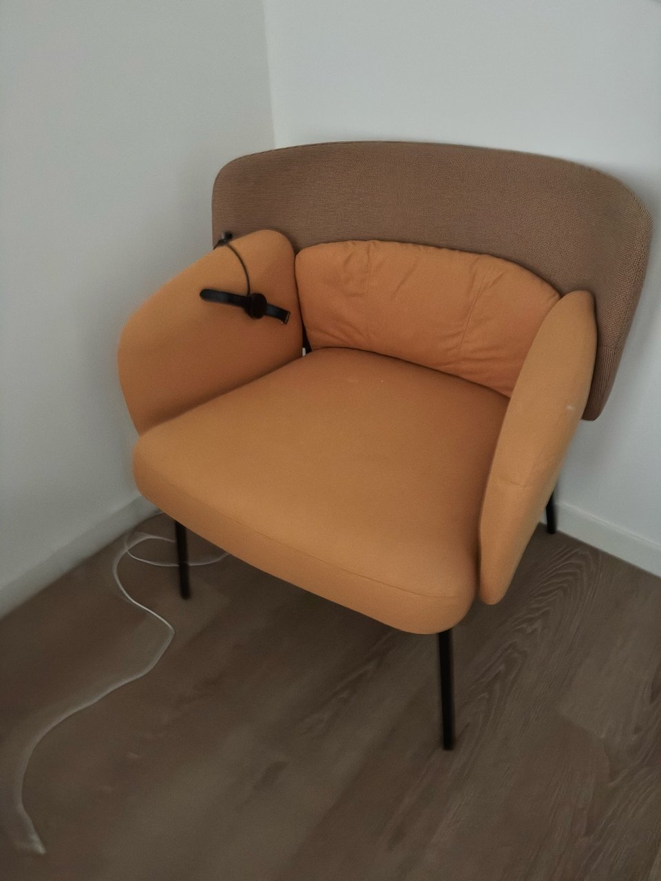 IKEA headboard, dining chairs and armchair